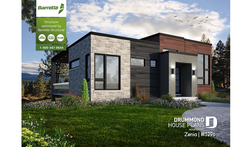 front - BASE MODEL - Modern economical bungalow with walkout basement, 2 bedroom and central fireplace - Zenia