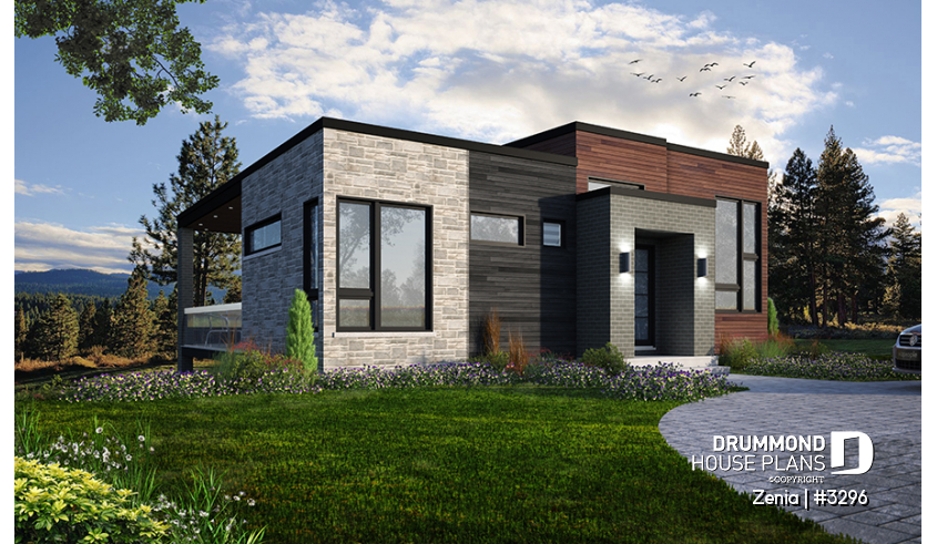 front - BASE MODEL - Modern economical bungalow with walkout basement, 2 bedroom and central fireplace - Zenia