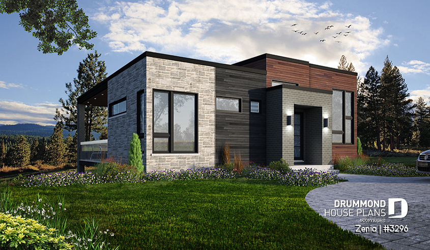 front - BASE MODEL - Modern economical bungalow with walkout basement, 2 bedroom and central fireplace - Zenia