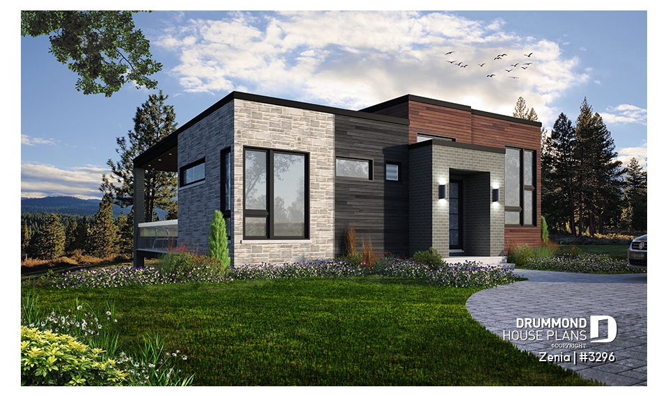 front - BASE MODEL - Modern economical bungalow with walkout basement, 2 bedroom and central fireplace - Zenia