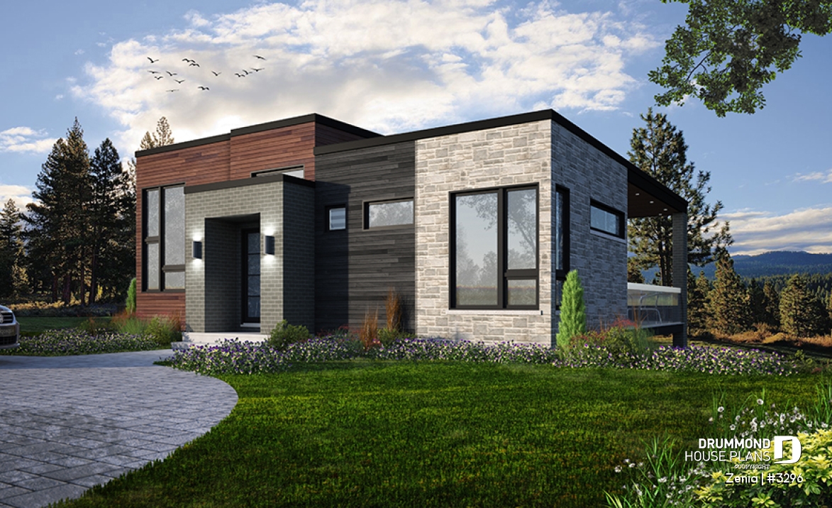 front - BASE MODEL - Modern economical bungalow with walkout basement, 2 bedroom and central fireplace - Zenia