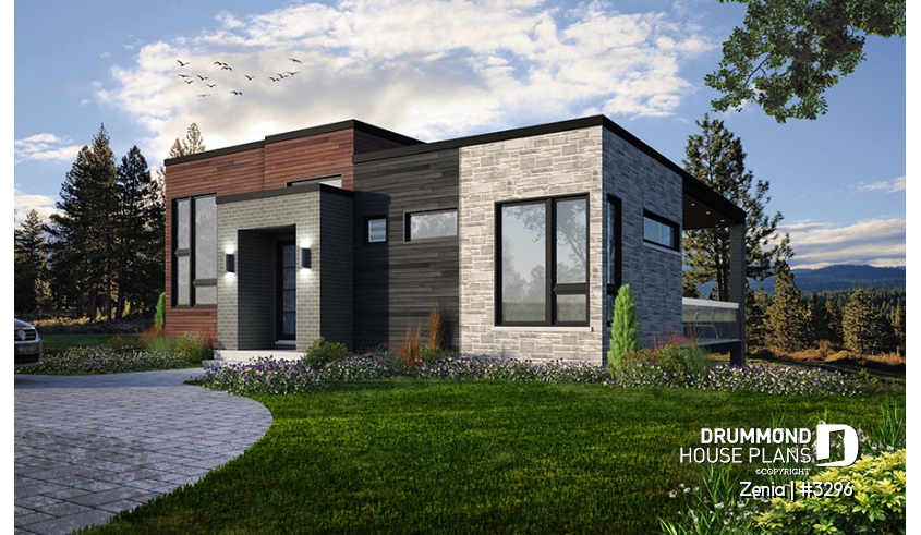 front - BASE MODEL - Modern economical bungalow with walkout basement, 2 bedroom and central fireplace - Zenia