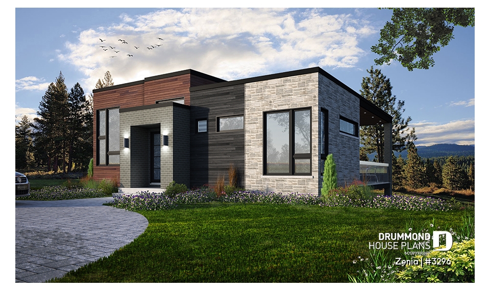 front - BASE MODEL - Modern economical bungalow with walkout basement, 2 bedroom and central fireplace - Zenia