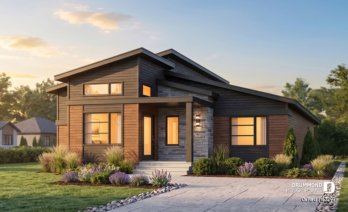 front - BASE MODEL - 1 bedroom modern mid-century house plan with open floor plan, economical home, unfinished daylight basement - Oxford