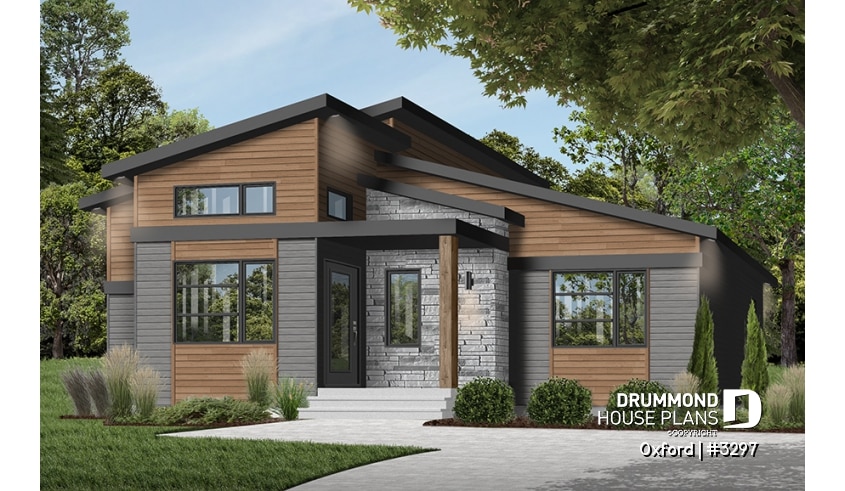 front - BASE MODEL - 1 bedroom modern mid-century house plan with open floor plan, economical home, unfinished daylight basement - Oxford