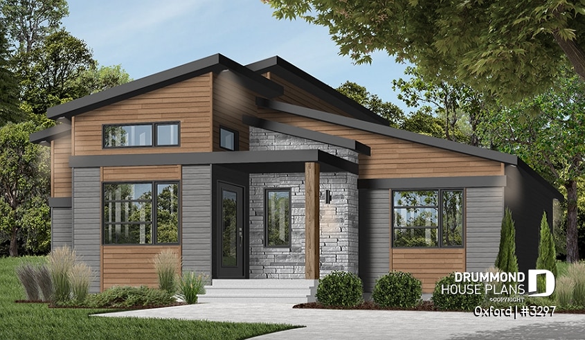 front - BASE MODEL - 1 bedroom modern mid-century house plan with open floor plan, economical home, unfinished daylight basement - Oxford