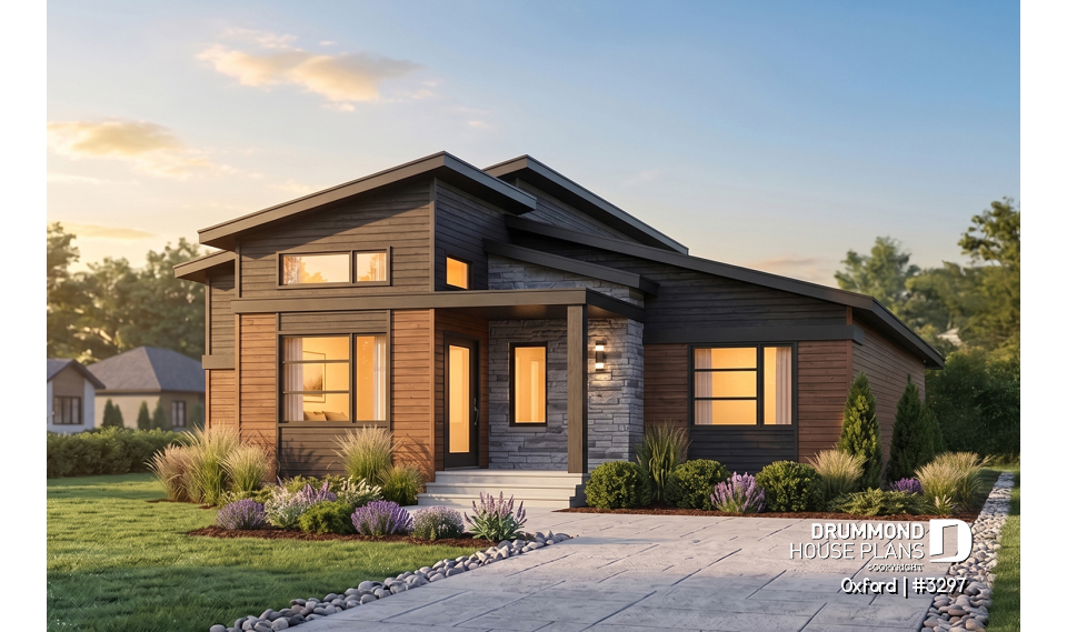 front - BASE MODEL - 1 bedroom modern mid-century house plan with open floor plan, economical home, unfinished daylight basement - Oxford
