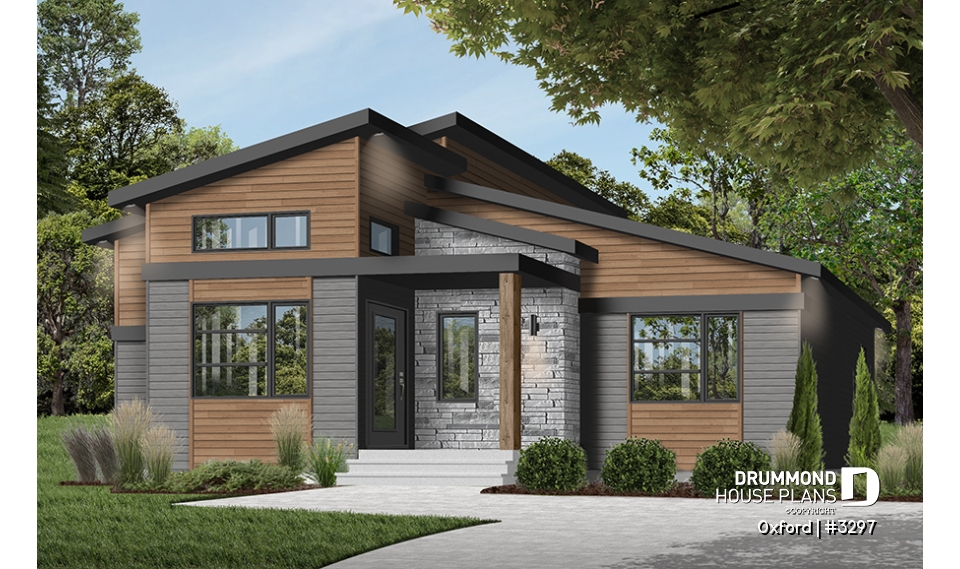 front - BASE MODEL - 1 bedroom modern mid-century house plan with open floor plan, economical home, unfinished daylight basement - Oxford