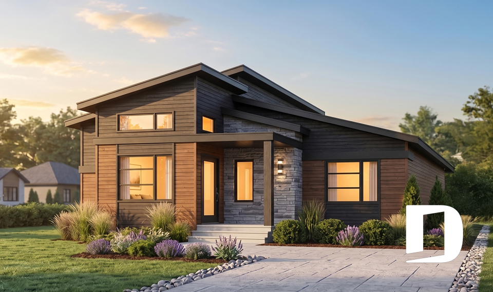 front - BASE MODEL - 1 bedroom modern mid-century house plan with open floor plan, economical home, unfinished daylight basement - Oxford