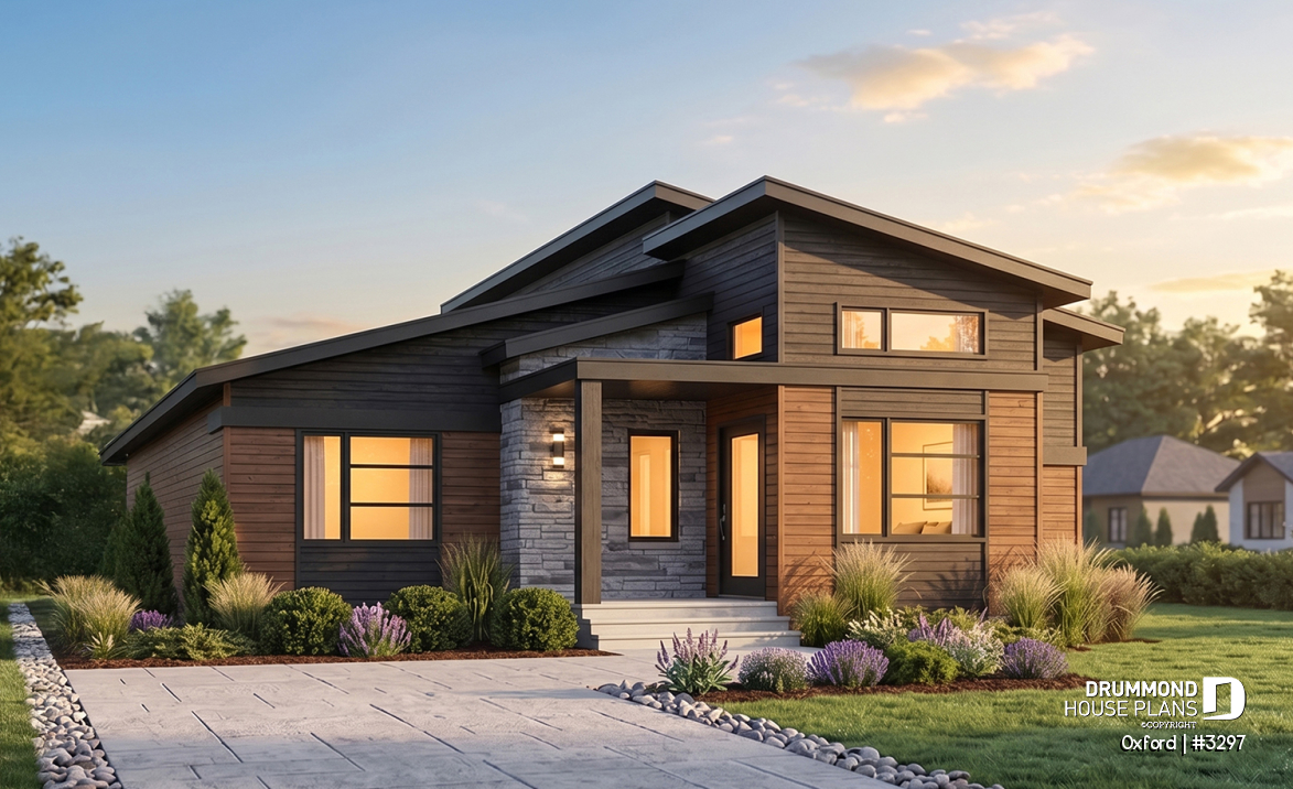 front - BASE MODEL - 1 bedroom modern mid-century house plan with open floor plan, economical home, unfinished daylight basement - Oxford