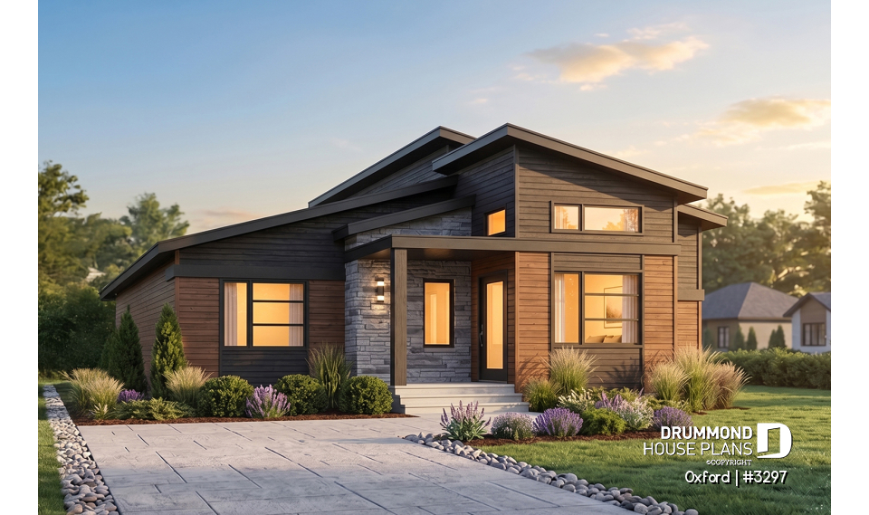 front - BASE MODEL - 1 bedroom modern mid-century house plan with open floor plan, economical home, unfinished daylight basement - Oxford