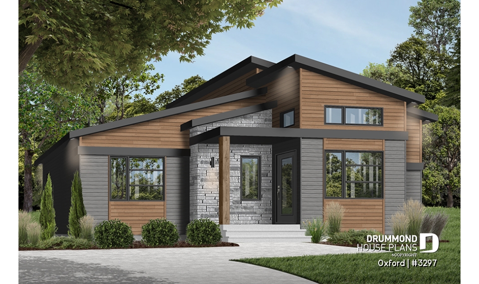 front - BASE MODEL - 1 bedroom modern mid-century house plan with open floor plan, economical home, unfinished daylight basement - Oxford
