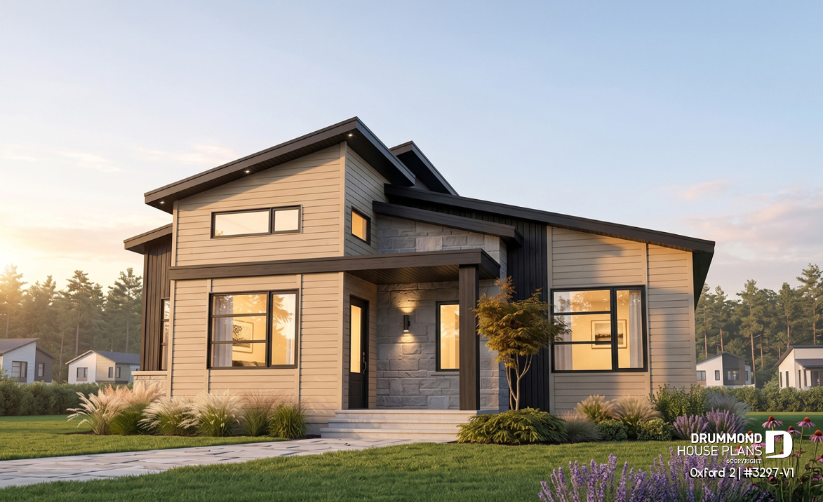 front - BASE MODEL - Modern rustic bungalow of 2 bedroom, huge kitchen with pantry, mud room, 12'4 ceiling at the foyer, open space - Oxford 2