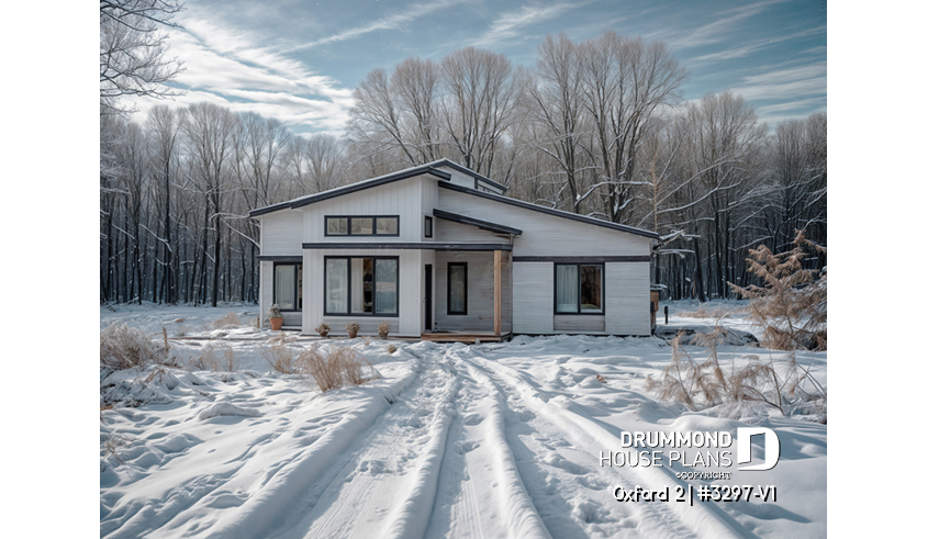 front - BASE MODEL of house plan 3297-V1 front - BASE MODEL - Modern rustic bungalow of 2 bedroom, huge kitchen with pantry, mud room, 12'4 ceiling at the foyer, open space - Oxford 2