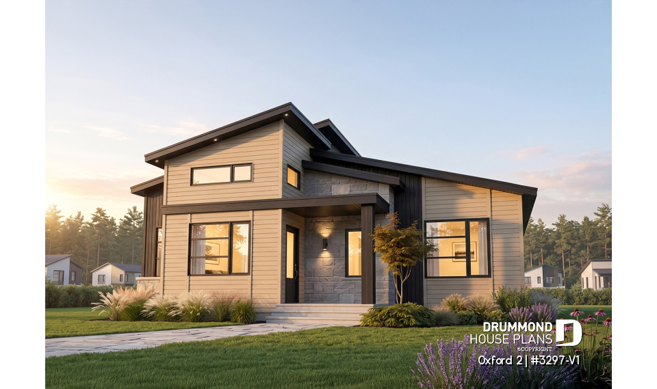 front - BASE MODEL - Modern rustic bungalow of 2 bedroom, huge kitchen with pantry, mud room, 12'4 ceiling at the foyer, open space - Oxford 2