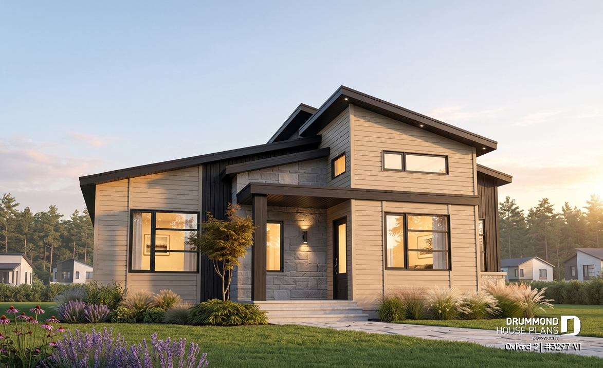 front - BASE MODEL - Modern rustic bungalow of 2 bedroom, huge kitchen with pantry, mud room, 12'4 ceiling at the foyer, open space - Oxford 2