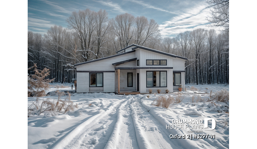 front - BASE MODEL of house plan 3297-V1 front - BASE MODEL - Modern rustic bungalow of 2 bedroom, huge kitchen with pantry, mud room, 12'4 ceiling at the foyer, open space - Oxford 2