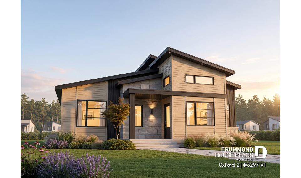 front - BASE MODEL - Modern rustic bungalow of 2 bedroom, huge kitchen with pantry, mud room, 12'4 ceiling at the foyer, open space - Oxford 2