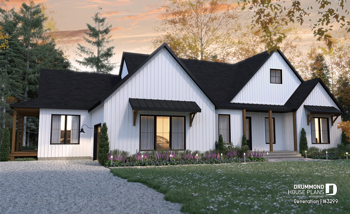 front - BASE MODEL - Multi generational Farmhouse house plan with garage, great open concept on both unit, covered patio &amp; balcony - Generation