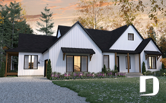 front - BASE MODEL - Multi generational Farmhouse house plan with garage, great open concept on both unit, covered patio & balcony - Generation
