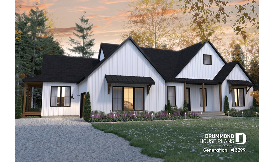 front - BASE MODEL - Multi generational Farmhouse house plan with garage, great open concept on both unit, covered patio &amp; balcony - Generation