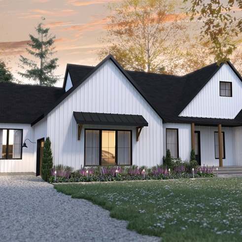 front - BASE MODEL - Multi generational Farmhouse house plan with garage, great open concept on both unit, covered patio & balcony - Generation