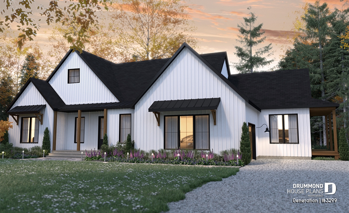 front - BASE MODEL - Multi generational Farmhouse house plan with garage, great open concept on both unit, covered patio &amp; balcony - Generation