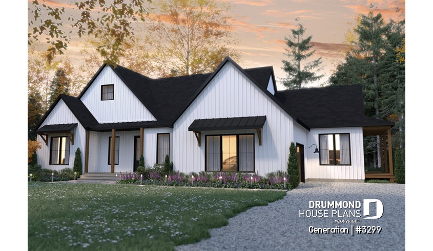 front - BASE MODEL - Multi generational Farmhouse house plan with garage, great open concept on both unit, covered patio & balcony - Generation