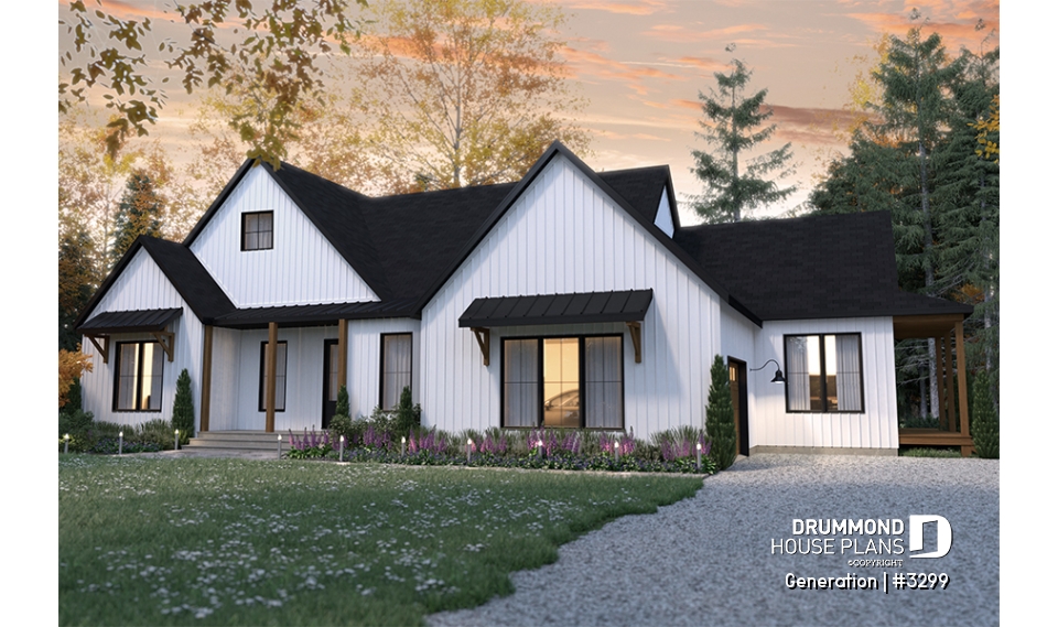 front - BASE MODEL - Multi generational Farmhouse house plan with garage, great open concept on both unit, covered patio &amp; balcony - Generation