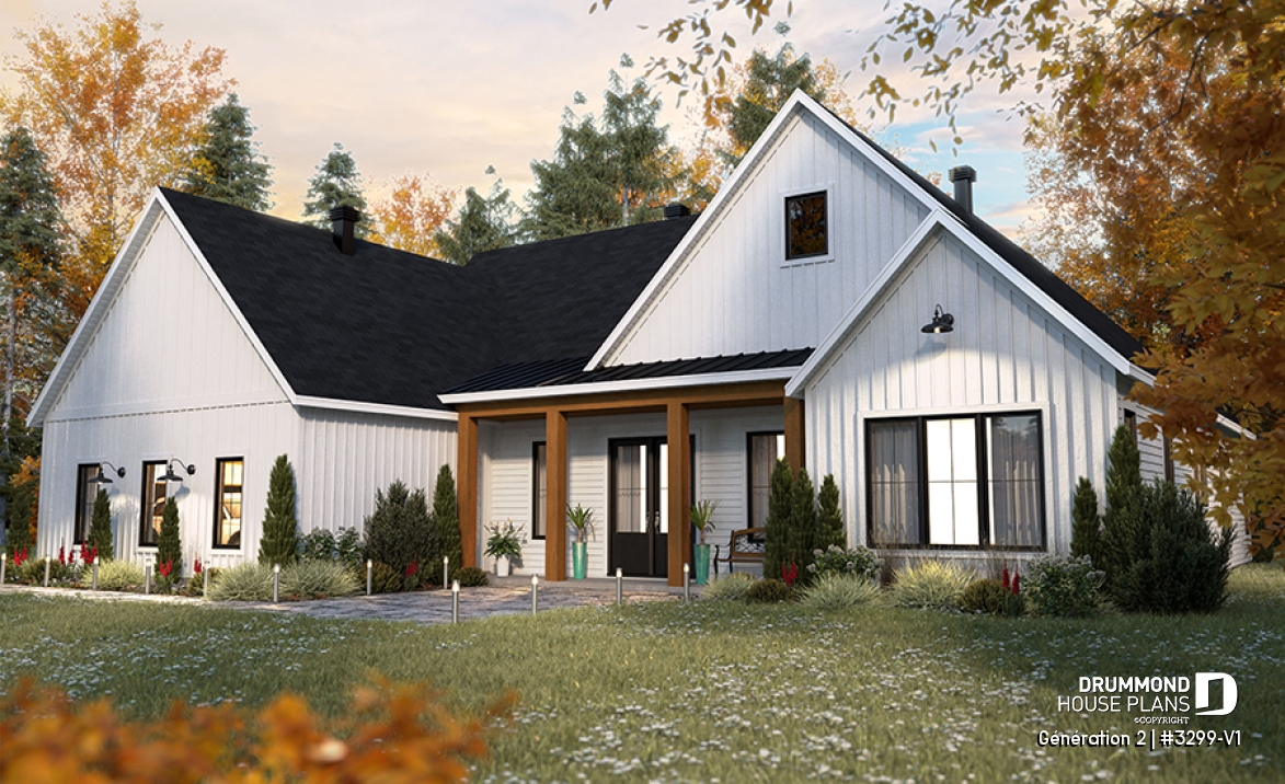 front - BASE MODEL - Generational house plan with 3 bedrooms and 2 baths in main apartment - Génération 2