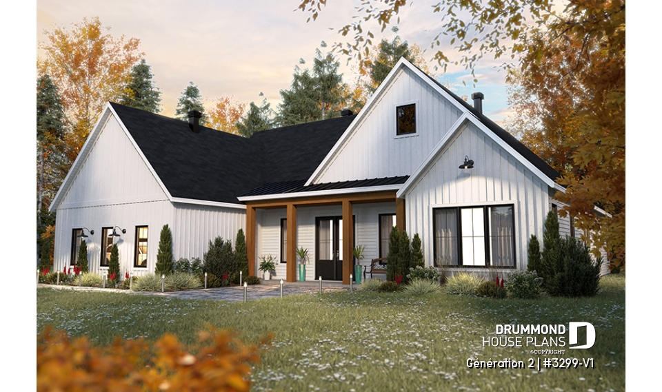 front - BASE MODEL - Generational house plan with 3 bedrooms and 2 baths in main apartment - Génération 2
