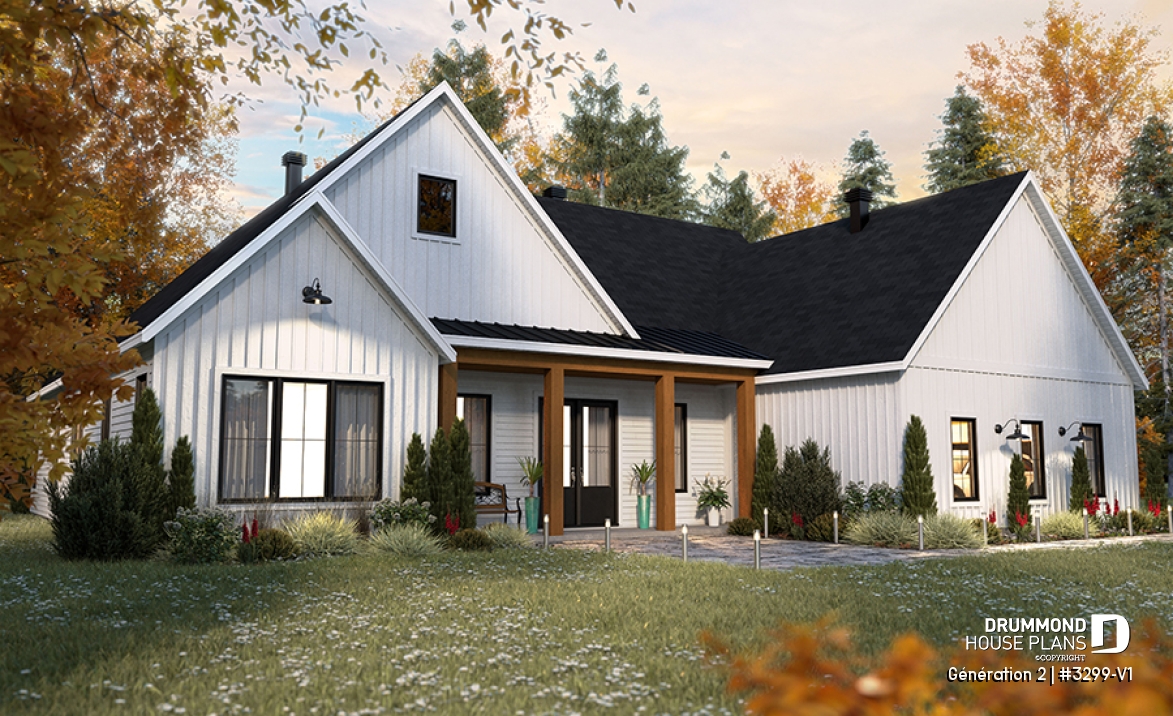 front - BASE MODEL - Generational house plan with 3 bedrooms and 2 baths in main apartment - Génération 2