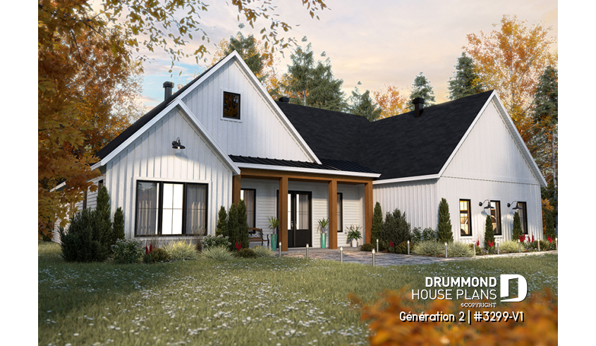 front - BASE MODEL - Generational house plan with 3 bedrooms and 2 baths in main apartment - Génération 2