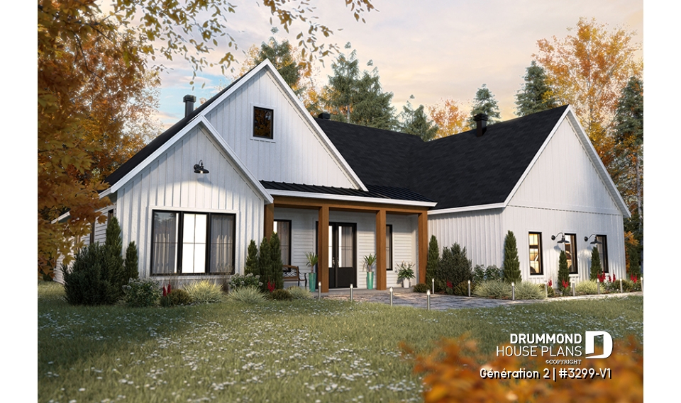 front - BASE MODEL - Generational house plan with 3 bedrooms and 2 baths in main apartment - Génération 2
