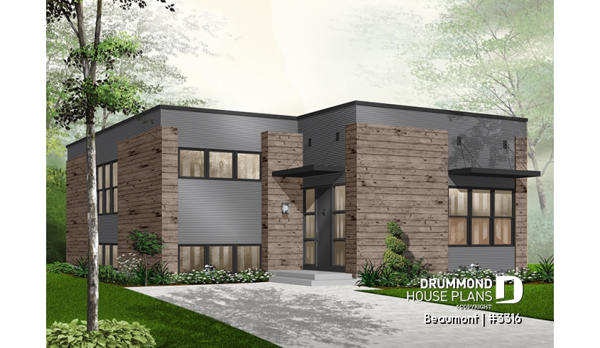 Color version 4 - Front - Contemporary 2 to 3 bedroom bungalow house plan, home office, large covered rear deck - Beaumont