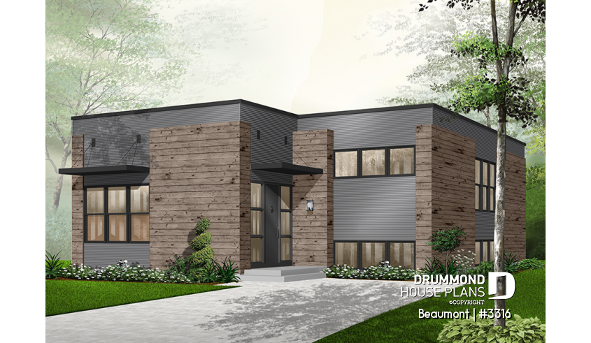Color version 4 - Front - Contemporary 2 to 3 bedroom bungalow house plan, home office, large covered rear deck - Beaumont