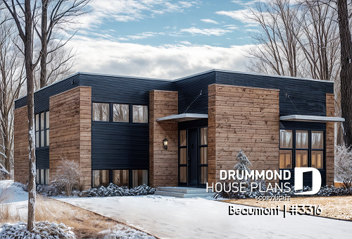 front - BASE MODEL - Contemporary 2 to 3 bedroom bungalow house plan, home office, large covered rear deck - Beaumont