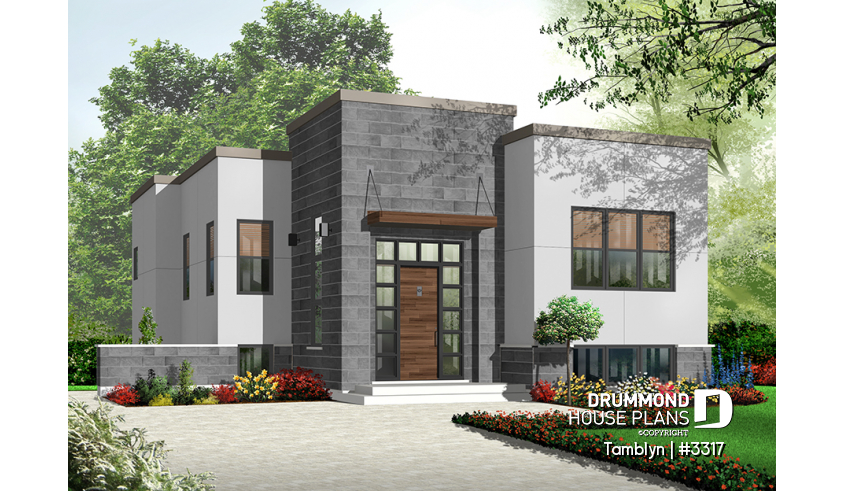 front - BASE MODEL - Affordable 2 bedroom Modern Cubic shaped house plan, split-level contemporary house plan with fireplace  - Tamblyn