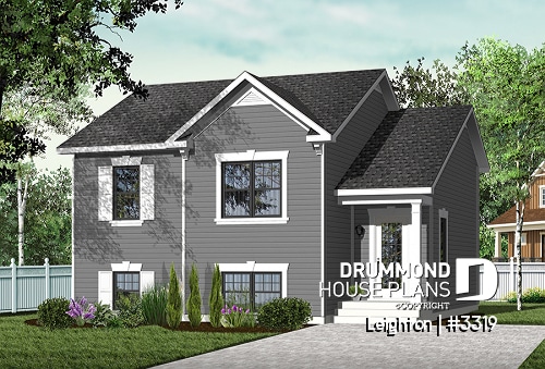 Color version 3 - Front - Affordable split level house plan, ideal first home (very affordable), traditionnal style, 2 bedroom bungalow  - Leighton
