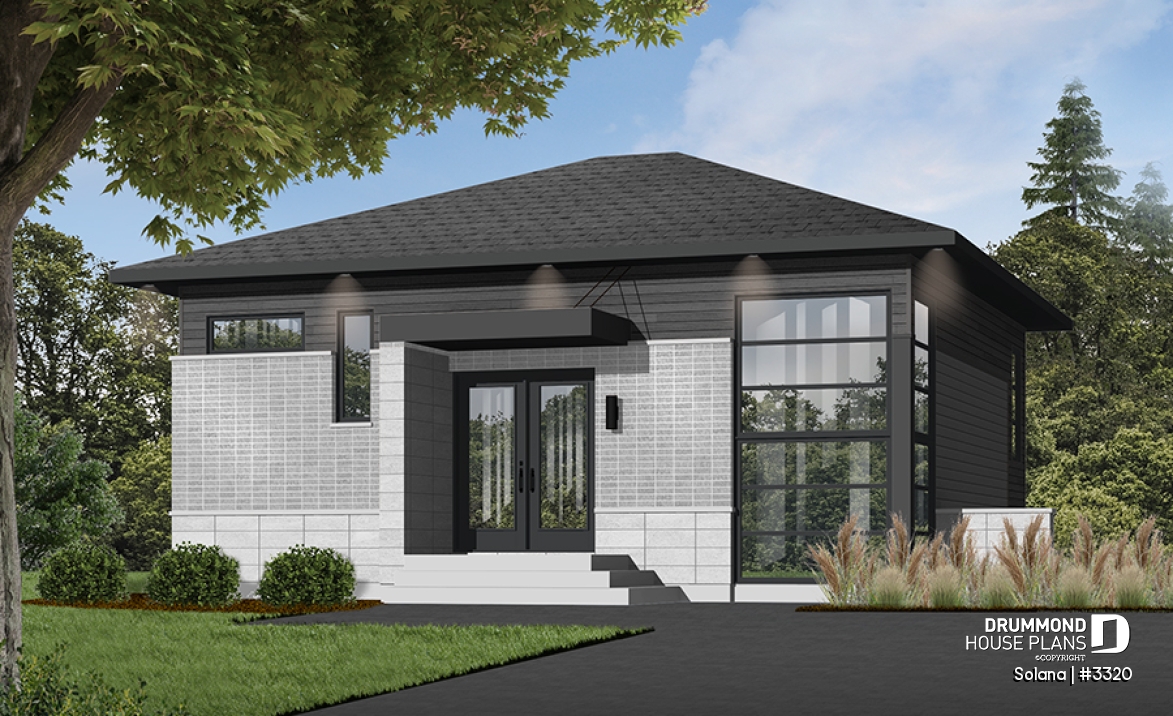 Color version 2 - Front - Small 3 bedroom budget conscious modern house plan, open floor plan, large kitchen with island and pantry - Solana