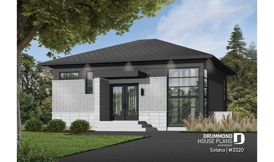 Color version 2 - Front - Small 3 bedroom budget conscious modern house plan, open floor plan, large kitchen with island and pantry - Solana