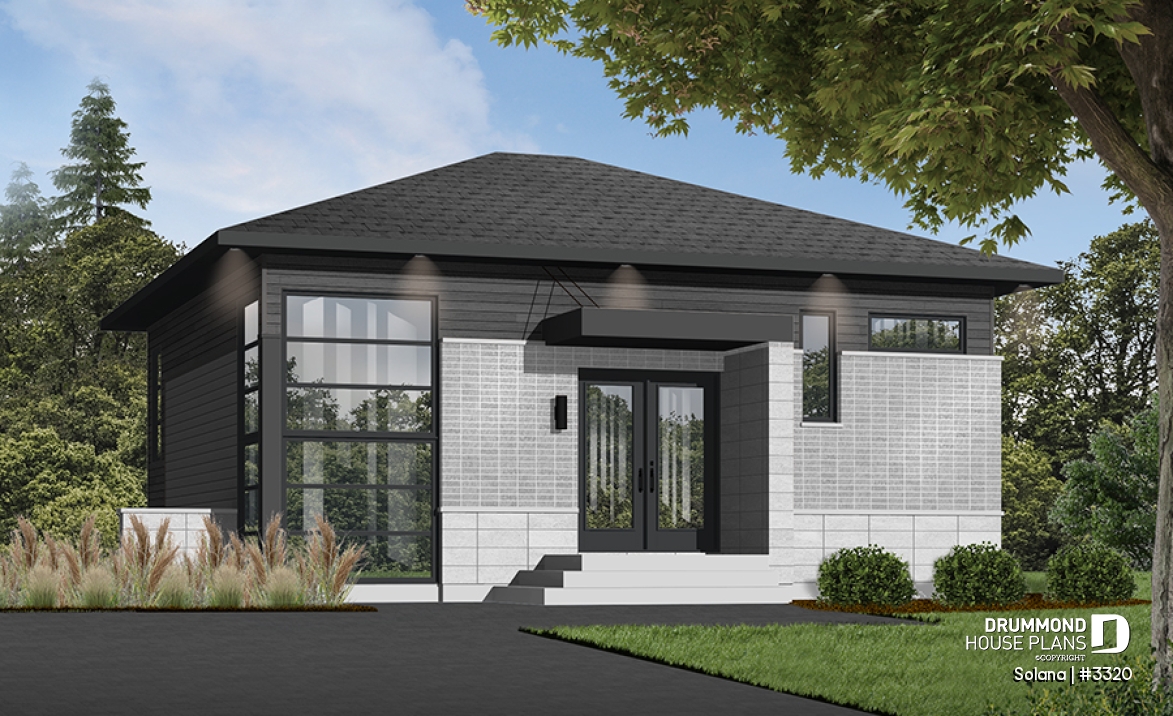 Color version 2 - Front - Small 3 bedroom budget conscious modern house plan, open floor plan, large kitchen with island and pantry - Solana
