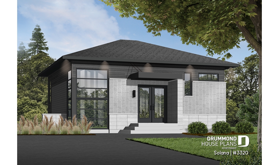 Color version 2 - Front - Small 3 bedroom budget conscious modern house plan, open floor plan, large kitchen with island and pantry - Solana