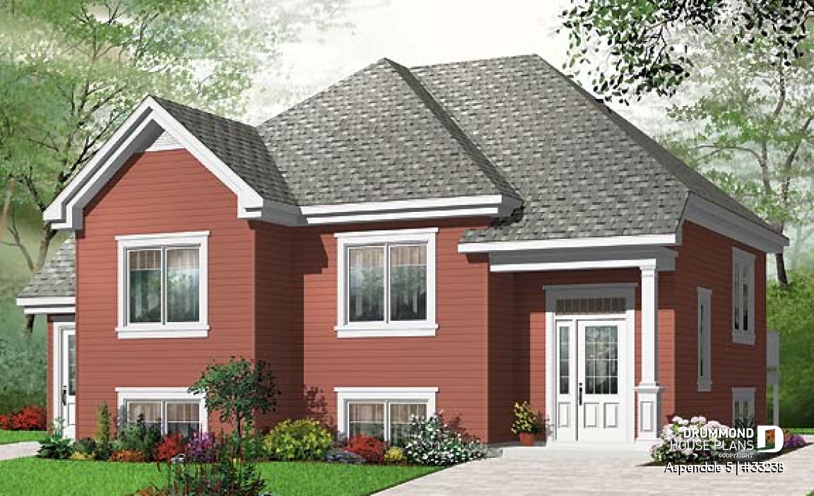 front - BASE MODEL - 3 to 4 bedroom split level house plan with basement appartment, 2 family rooms for main apartement, open floor - Aspendale 5