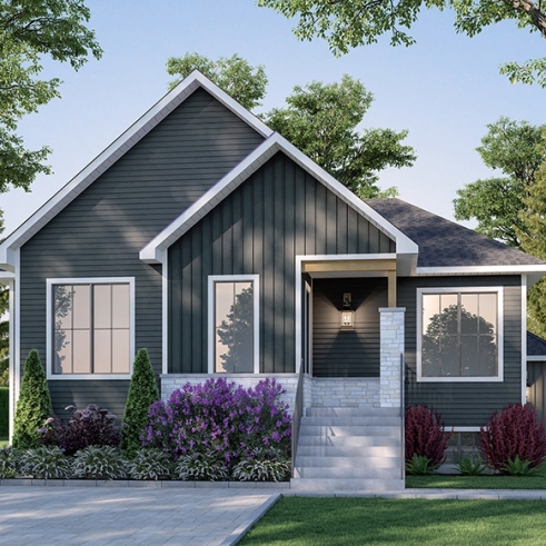 front - BASE MODEL - Single storey with a one-bedroom bachelor in the daylight basement, ideal for first-home buyers! - Duo