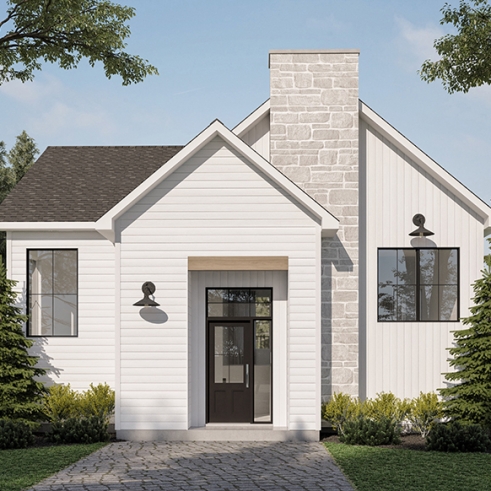 front - BASE MODEL - Small split level home, 1 to 3 beds, optional finished basement ($), 2 family rooms, wood burning stove, gym - Newland