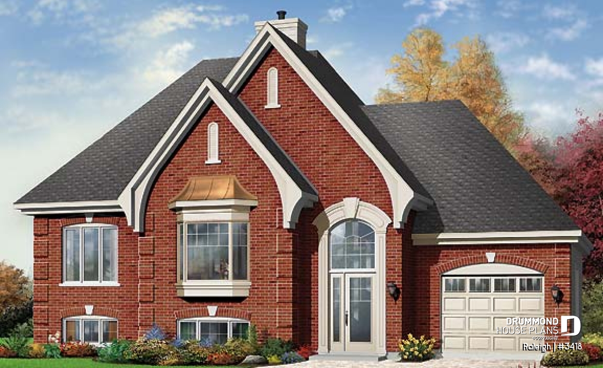 front - BASE MODEL - split-entry house plan, low budget, cathedral ceiling, central fireplace, kitchen with island - Raleigh