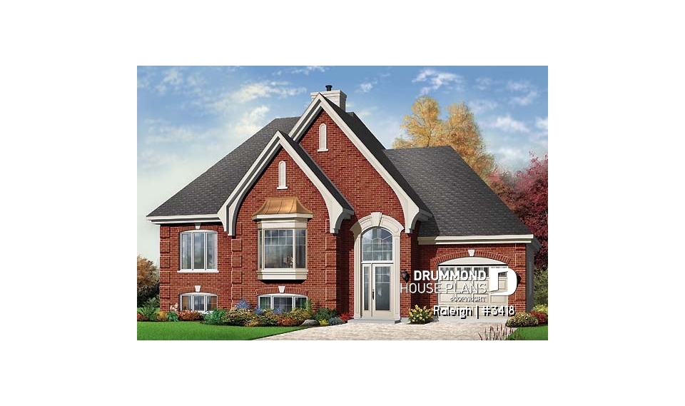 front - BASE MODEL - split-entry house plan, low budget, cathedral ceiling, central fireplace, kitchen with island - Raleigh