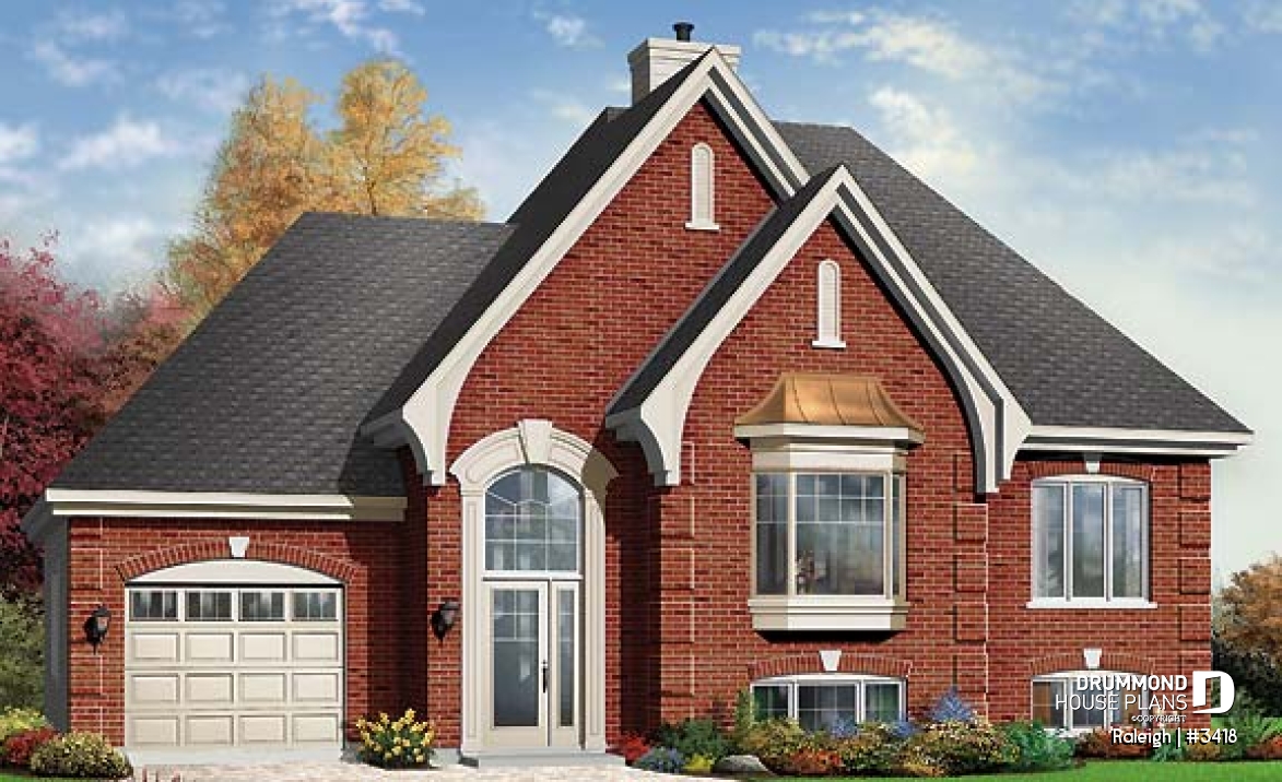 front - BASE MODEL - split-entry house plan, low budget, cathedral ceiling, central fireplace, kitchen with island - Raleigh
