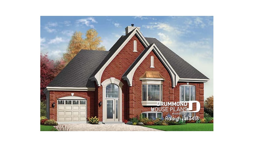front - BASE MODEL - split-entry house plan, low budget, cathedral ceiling, central fireplace, kitchen with island - Raleigh
